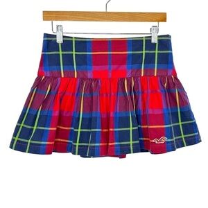Hollister Plaid Pleated Mini Skirt Sz 3 Red Blue Lined Side Zip Y2K School Girl
